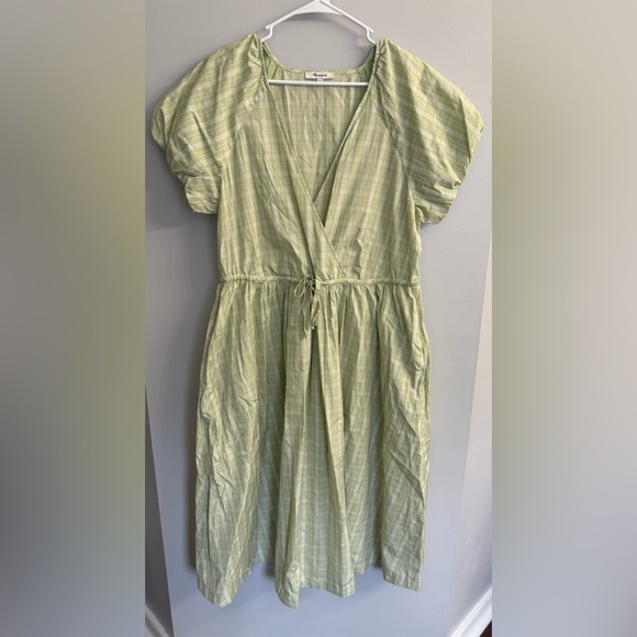 Madewell Green Plaid Tie-Waist Cotton Midi Dress Puff Sleeve Prariecore Sz L - Picture 2 of 13